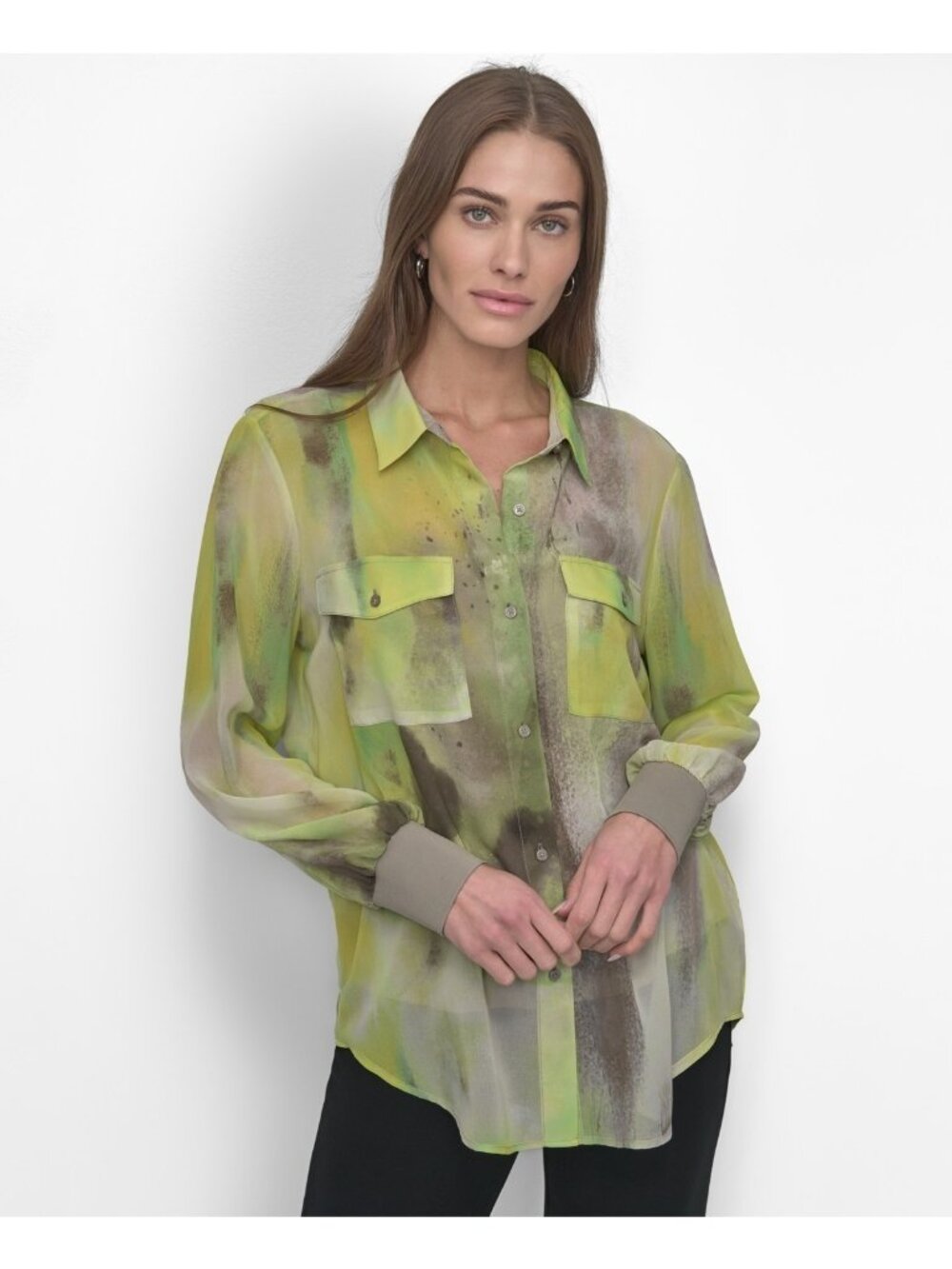 DKNY Women's Button-Front Printed Chiffon Polyester Blouse Green Size XS $89